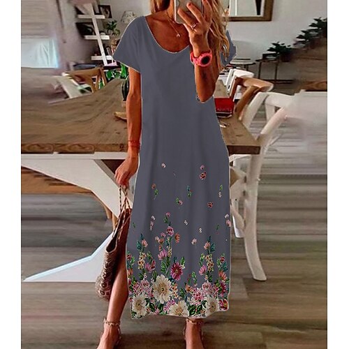 

Women's Shift Dress Maxi long Dress Green Blue Gray Red Short Sleeve Floral Split Print Spring Summer V Neck Casual Vacation 2022 S M L XL XXL 3XL