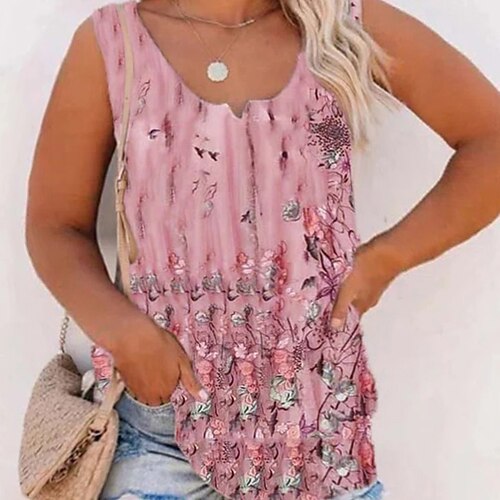 

Women's Plus Size Tops Blouse Tank Top Floral Print Sleeveless V Neck Streetwear Daily Back to School Polyester Spring Summer Green Blue