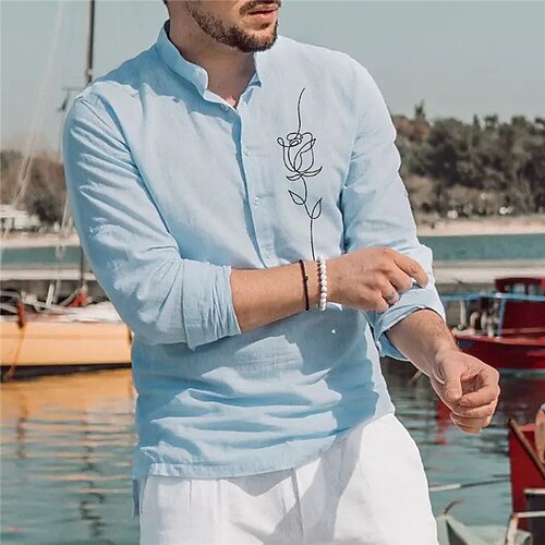 

Men's Shirt Hot Stamping Graphic Patterned Rose Collar Street Casual Button-Down Print Long Sleeve Tops Designer Casual Fashion Breathable Light Blue / Summer