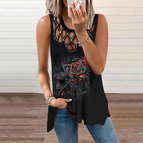 

Women's Tank Top Camis Blue Pink Gold Floral Butterfly Cut Out Flowing tunic Sleeveless Holiday Weekend Streetwear Casual Round Neck Regular Floral Butterfly S / 3D Print / Print