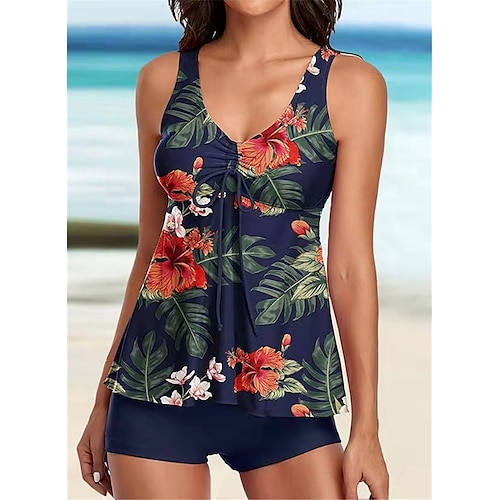 

Maillots de Bain Tankini 2 pièces Maillot de bain Femme Dos ouvert Imprimé Floral Feuilles Grande Taille Gilet Col en V Maillots de bain nouveau Vacances Mode / Moderne