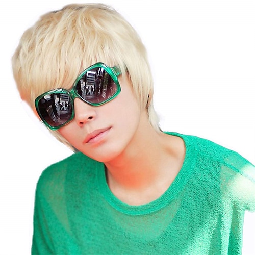 

Cool Mens Short Straight Platinum Blonde Wigs Male Boys Party Cosplay Full Wig