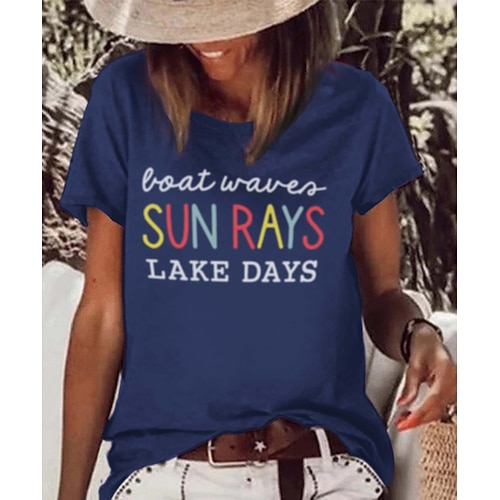 

Women's Casual Weekend Painting T shirt Tee Text Short Sleeve Print Round Neck Basic Tops Black Gray Navy Blue S