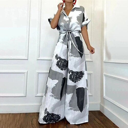 

Women's Jumpsuit Lace up Button Color Block Shirt Collar Casual Street Daily Regular Fit Half Sleeve Blue Orange Brown S M L Spring / Print