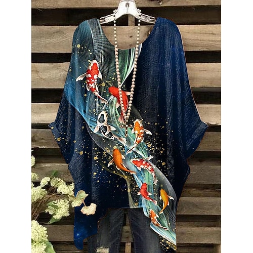 

Women's Holiday Beach T shirt Tee Shirt Fish 3/4 Length Sleeve Asymmetric Print Round Neck Casual Beach Tops Navy Blue S / 3D Print