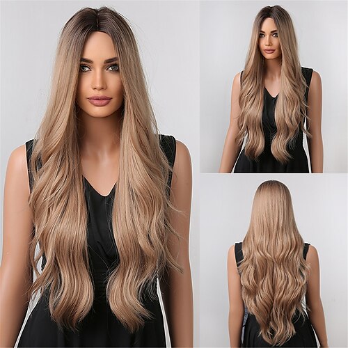 

HAIRCUBE Dark Brown/Rose Gold/Ombre Grey Natural Wavy Hair Ombre Brown Straight Synthetic Wigs For Women