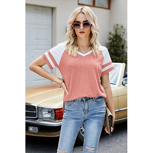 

Women's Color Block Casual Weekend T shirt Tee Short Sleeve V Neck Basic Essential Tops Pink Khaki S