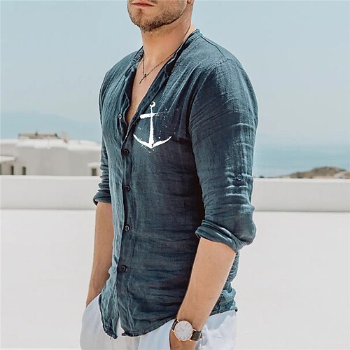 

Men's Shirt Hot Stamping Graphic Patterned Anchor Collar Street Casual Button-Down Print Long Sleeve Tops Designer Casual Fashion Breathable Blue / Summer