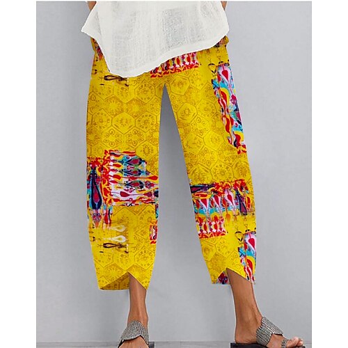 

Women's Chinos Pants Trousers Faux Linen Random Pattern Green Yellow Mid Waist Casual / Sporty Athleisure Casual Weekend Print Micro-elastic Ankle-Length Comfort Tie Dye S M L XL XXL / Loose Fit