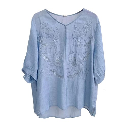 

Women's Plus Size Tops Blouse Shirt Floral Embroidered Asymmetric Half Sleeve V Neck Basic Streetwear Daily Vacation Cotton Fall Spring Blue Purple