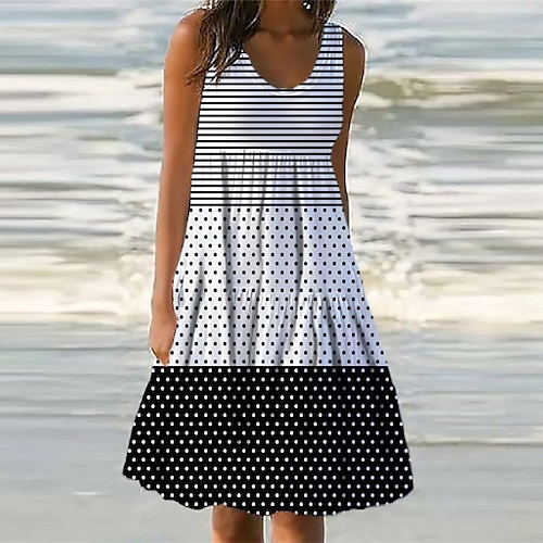 

Women's Shift Dress Knee Length Dress Black Yellow Orange Red Sleeveless Polka Dot Striped Pocket Print Spring Summer U Neck Casual Vacation 2022 S M L XL XXL 3XL