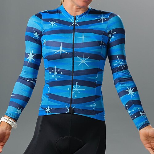 

21Grams Women's Cycling Jersey Long Sleeve Bike Top with 3 Rear Pockets Mountain Bike MTB Road Bike Cycling Breathable Quick Dry Moisture Wicking Reflective Strips Blue Stripes Polyester Spandex