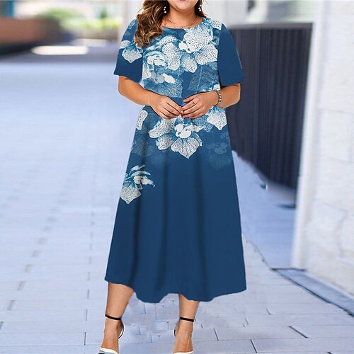 

Women's Plus Size Casual Dress Floral Crew Neck Print Short Sleeve Spring Summer Casual Maxi long Dress Causal Daily Dress