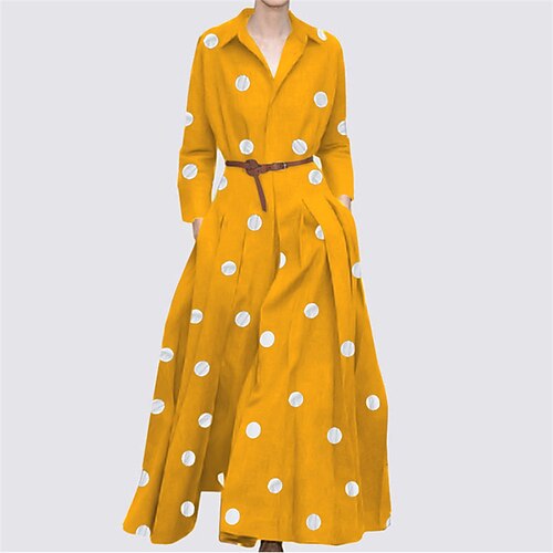

Women's A Line Dress Maxi long Dress White Black Yellow Long Sleeve Polka Dot Pocket Button Print Fall Winter Shirt Collar Elegant Mature Boho 2022 S M L XL XXL 3XL 4XL 5XL