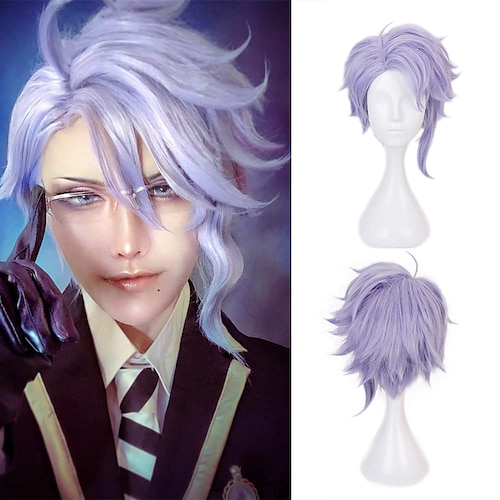

Azul Ashengrotto Cosplay Wigs for Men Twisted-Wonderland Costume Halloween Party Wig Purple Mixed Color Short Curly Bob Cut Wig Shoulde