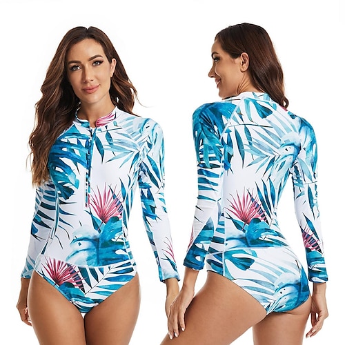 

Dame Rash-guard One-Piece Badetøy UV Solbeskyttelse UPF50 Hurtigtørkende Langermet Badetøy Badedrakt Forside Glidelås Svømming Dykking Surfing Strand Blomster Trykket Høst Vår Sommer