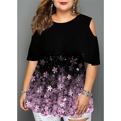 

Women's Plus Size Tops Blouse Shirt Floral Cut Out Print Half Sleeve Crewneck Streetwear Daily Going out Cotton Spandex Jersey Spring Summer Green Purple