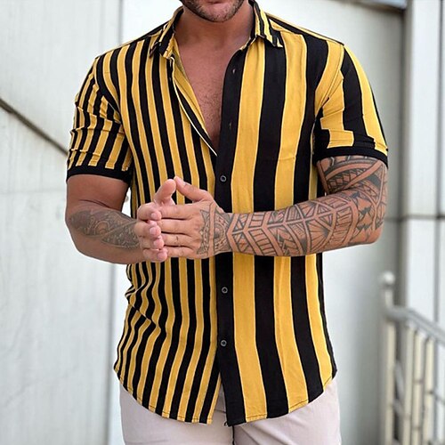 

Homens Camisa Social Camisa Gráfica Listrado Aberto para a Lateral Verde Azul Rosa Amarelo Rua Casual Manga Curta Botão para baixo Roupa Moda Designer Casual Confortável / Praia