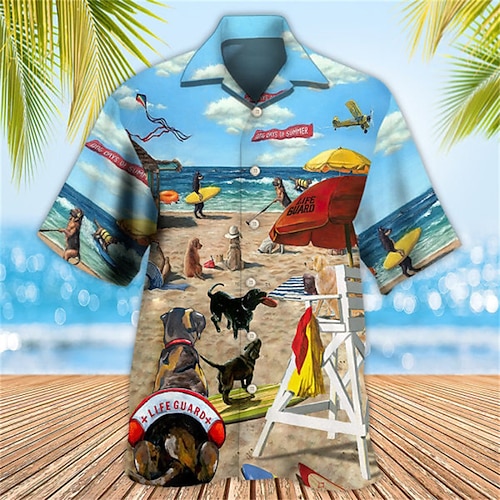 

Men's Shirt 3D Print Dog Turndown Street Daily 3D Button-Down Short Sleeve Tops Casual Fashion Comfortable Beach Light Blue