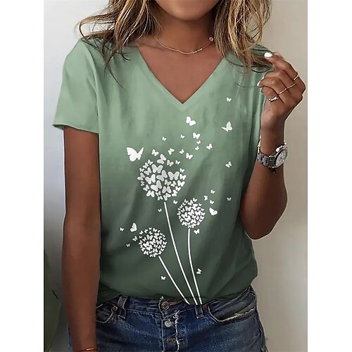 

Women's T shirt Tee Green Plants Dandelion Print Short Sleeve Casual Daily Basic V Neck Regular S