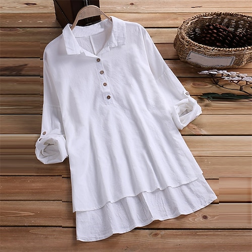 

Women's Plus Size Tops Blouse Shirt Plain Button Half Sleeve Shirt Collar Streetwear Daily Vacation Linen Spring Summer White Black