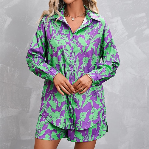 

Women's Loungewear Sets Nighty 2 Pieces Graphic Prints Fashion Comfort Home Airport Satin Lapel Long Sleeve Shirt Shorts Button Fall Spring Green Red / Silk
