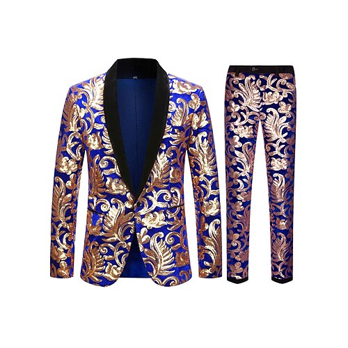 

Blue Men's Wedding Tuxedos 2 Piece Shawl Collar Floral Tailored Fit Single Breasted One-button 2022