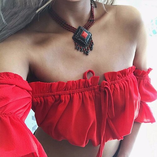 

Women's Bandeau Red White Black Plain Lace up Ruffle Short Sleeve Holiday Weekend Streetwear Casual Off Shoulder Crop S