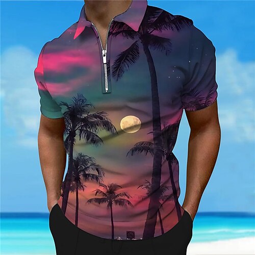 

Men's Collar Polo Shirt Golf Shirt Coconut Tree Turndown Purple Pink Yellow Gray 3D Print Outdoor Street Short Sleeves Zipper Print Clothing Apparel Fashion Designer Casual Hawaiian / Summer / Spring