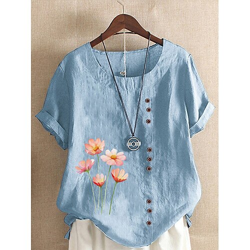 

Mulheres Camisa Social Branco Amarelo Verde Claro Floral Botão Imprimir Manga Curta Diário Final de semana Roupa de rua Casual Decote Redondo Padrão Tema Flores S