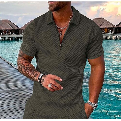 

Men's Collar Polo Shirt Golf Shirt Solid Color Turndown Army Green Black 3D Print Casual Daily Short Sleeve Zipper Print Clothing Apparel Fashion Designer Casual Breathable / Sports