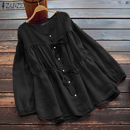 

Mujer Camisa Negro Blanco Amarillo Plano Retazos Manga Larga Casual Diario Vintage Casual Cuello Camisero Algodón S