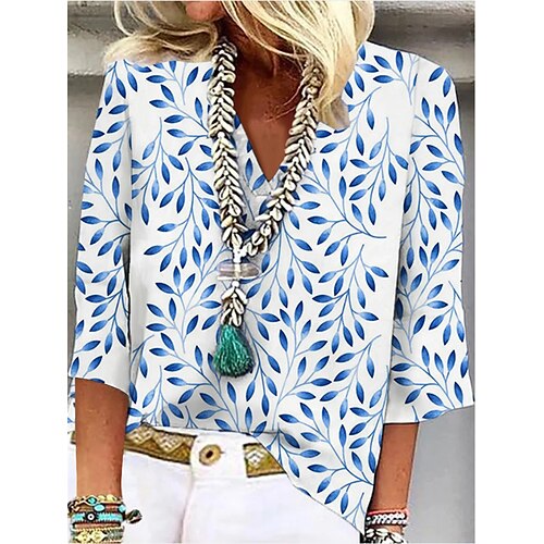 

Women's Shirt Blouse Blue Floral Patchwork Print 3/4 Length Sleeve Casual Daily Casual V Neck Regular Loose Fit S