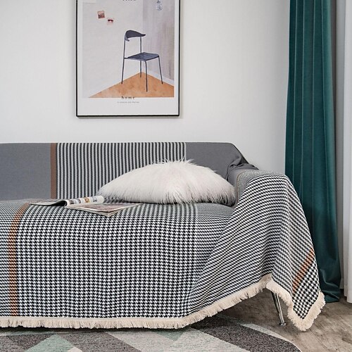 

Soft Sofa Throw Blanket, Large Cotton Blanket with Tassel Decoration, Decorative Gray Houndstooth Throw Blanket for Couch/Sofa/Bed,Photo Background Blankets
