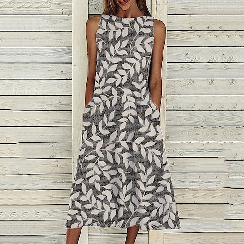 

Women's A Line Dress Midi Dress Gray Sleeveless Print Pocket Print Spring Summer Crew Neck Casual Vacation 2022 S M L XL XXL 3XL