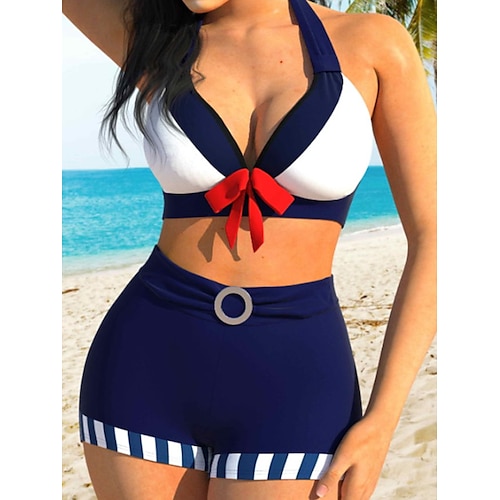

Women's Swimwear Bikini 2 Piece Normal Swimsuit High Waisted Color Block Blue Padded Strap Bathing Suits Sports Vacation Vintage / New / Padded Bras