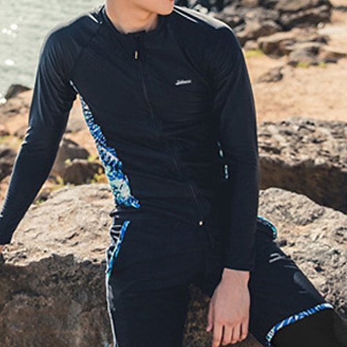 Costume Intero Uomo Manica Lunga Nero UPF50, Protezione Solare UV, Rash Guard Collo Alto