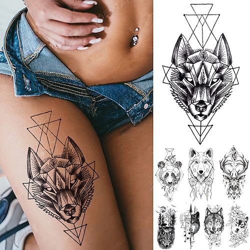 

8PCS Men Arm Wolf Panda Animal Waterproof Temporary Tattoo Sticker Flash Body Art Fake Tatoo Female Fashion Water Transfer Tatto