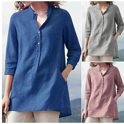 

Women's Casual Button Front Blouses Lightweight V Neck Long Sleeve Solid/Striped Tops Shirts Urban Casual Loose Shirt For Femal Daily