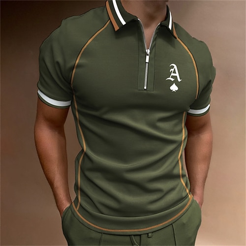 

Men's Golf Shirt Letter Turndown Street Casual Zipper Short Sleeve Tops Casual Fashion Comfortable Army Green