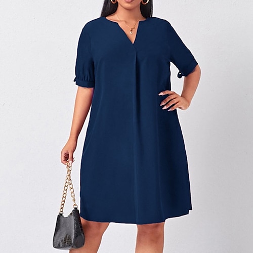 

Women's Plus Size Casual Dress Solid Color V Neck Short Sleeve Spring Fall Casual Knee Length Dress Daily Holiday Dress