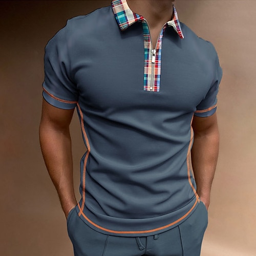 

Men's Collar Polo Shirt Golf Shirt Linear Turndown Dusty Blue Street Casual Short Sleeve Zipper Clothing Apparel Fashion Casual Comfortable