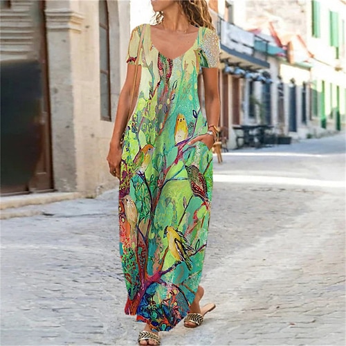 

Women's Shift Dress Maxi long Dress Green Short Sleeve Print Animal Pocket Print Spring Summer V Neck Elegant Casual Vacation 2022 S M L XL XXL 3XL