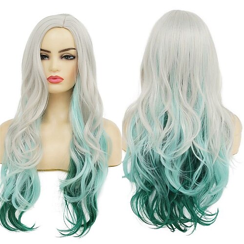 

Long Curly Wavy Silver Grey to Green Wig Side Part Natural Looking Synthetic Cosplay Wig for Women