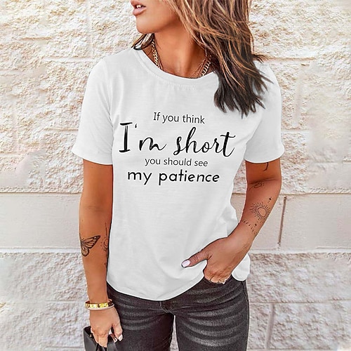 

Women's T shirt Tee Funny Tee Shirt Pink Yellow Light Green Print Short Sleeve Casual Weekend Basic Round Neck Regular Cotton If You Think I'm Shout You Should See My Patience Painting S