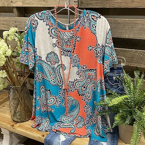 

Women's Casual Weekend Painting T shirt Tee Paisley Short Sleeve Print Round Neck Basic Tops Blue S / 3D Print