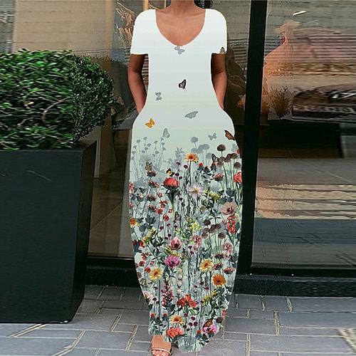 

Women's Shift Dress Maxi long Dress Green Short Sleeve Floral Pocket Print Spring Summer V Neck Elegant Casual Vacation 2022 S M L XL XXL 3XL