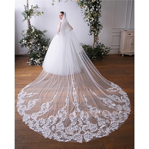 

One-tier Lace Applique Edge / Lace Wedding Veil Cathedral Veils with Embroidery / Appliques / Paillette 137.8 in (350cm) Tulle