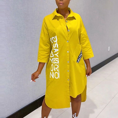 

Women's Shirt Dress Midi Dress White Yellow Half Sleeve Solid Color Split Button Print Spring Summer Shirt Collar Stylish Elegant Casual 2022 S M L XL