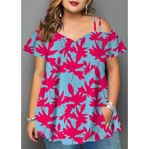

Women's Plus Size Tops Blouse Shirt Leaf Cut Out Pocket Short Sleeve V Neck Streetwear Daily Back to School Polyester Spring Summer Green Blue / Print